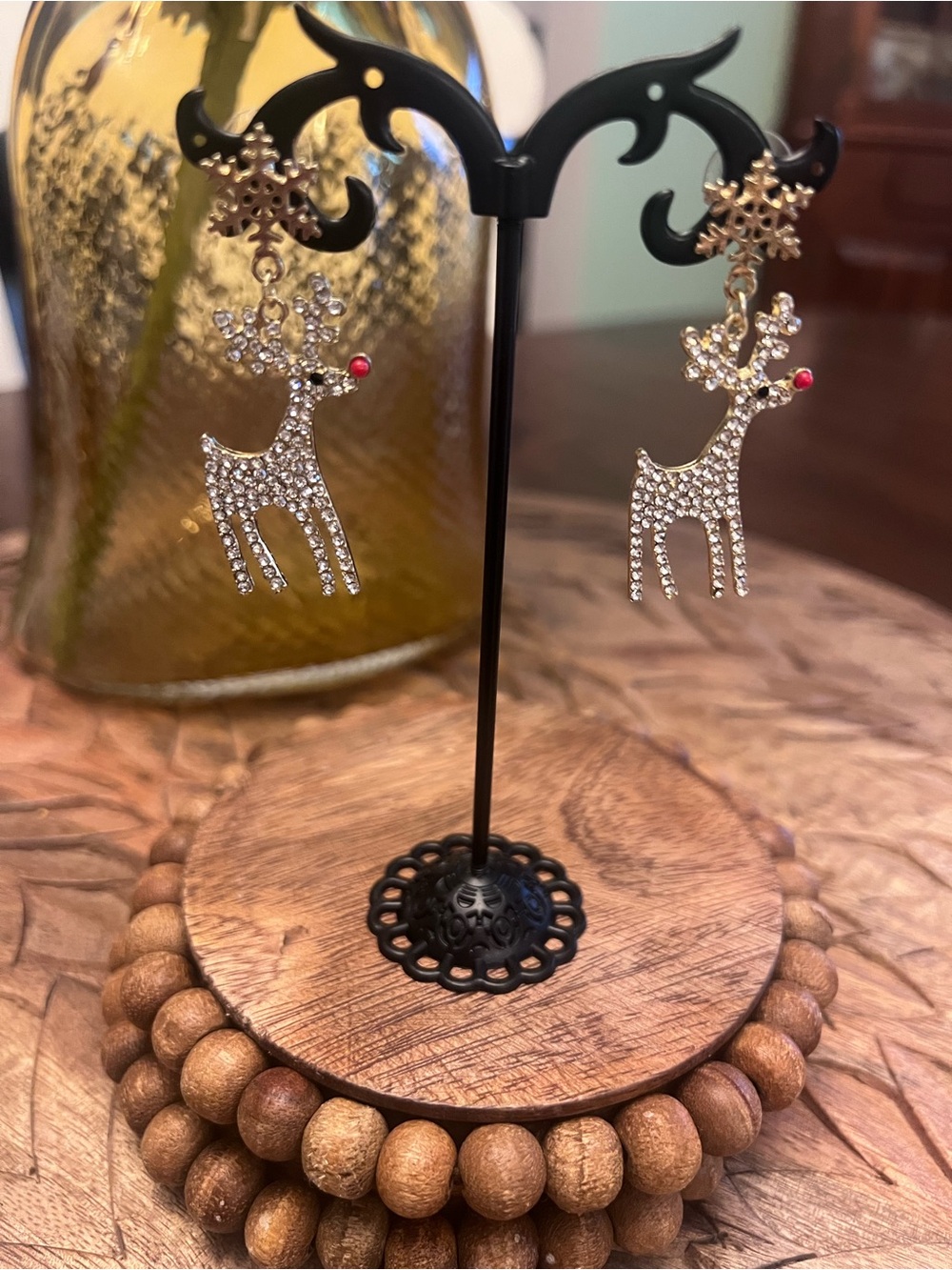 New Rhinestone Reindeer Drop Earrings - Gold with Red Accent